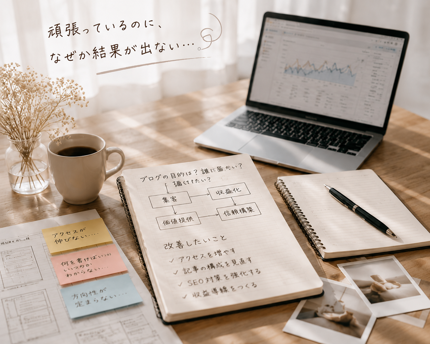 ブログ運営に悩みながら分析するデスク風景